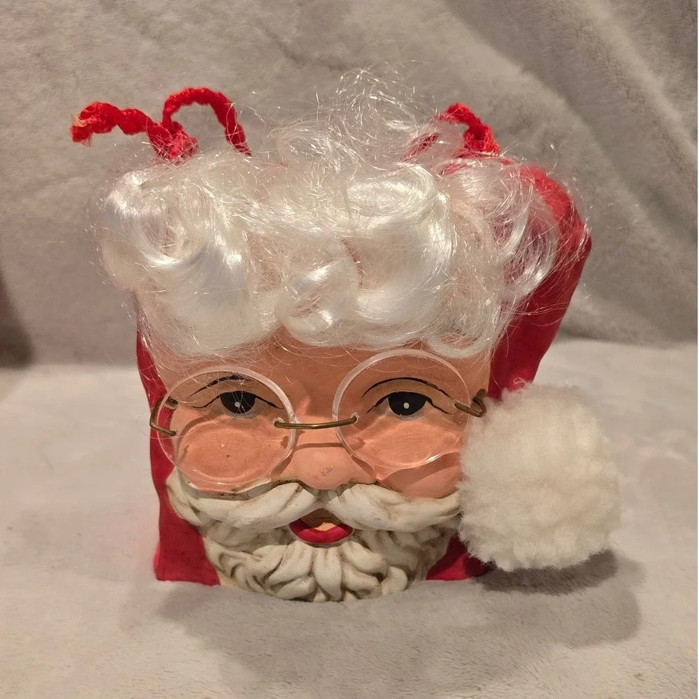 Vtg. Santa Claus Face Ceramic Gift‎ Bag With Handle Rectangle Glasses 1997